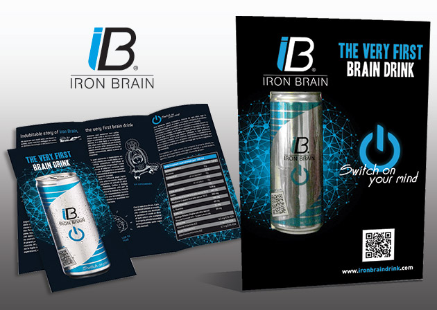 Stampa dépliant, espositore e materiale di lancio Iron Brain energy drink, la nuova bevanda energetica.