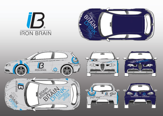 Stampa gadget personalizzati Iron Brain. Materiale di lancio promozionale: cappellini, casco, auto.