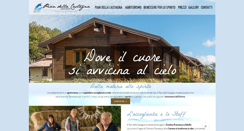 Sito dinamico responsive Agriturismo Pian della Castagna, con video di sfondo in Home, virtual tour inclusi, foto a 360°, blog, promozioni, calendario eventi con commenti, condivisione sui social network facebook...