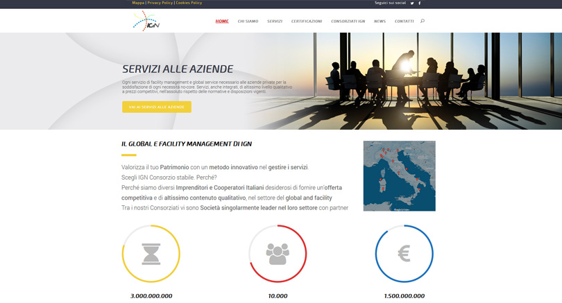 Sito dinamico IGN Consorzio Stabile per il facility management. Sito responsive, con news e condivisione sui social