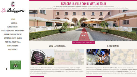 Sito con virtual tour di Villa La Pedaggera, dinamico e responsive, con foto a 360° per navigare interni ed esterni, promozioni, condivisione sul social network Facebook