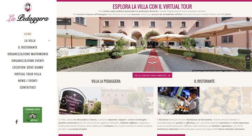 Sito con virtual tour di Villa La Pedaggera, dinamico e responsive, con foto a 360° per navigare interni ed esterni, promozioni, condivisione sul social network Facebook