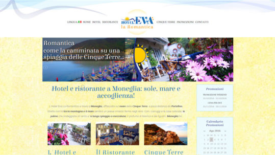 Sito Hotel Eva la Romantica, dinamico e responsive, in multilingua: inglese e italiano. Il sito comprende: promozioni aggiornabili dal cliente, il calendario delle promozioni con commenti, il form di prenotazione del soggiorno, la condivisione sul social network Facebook