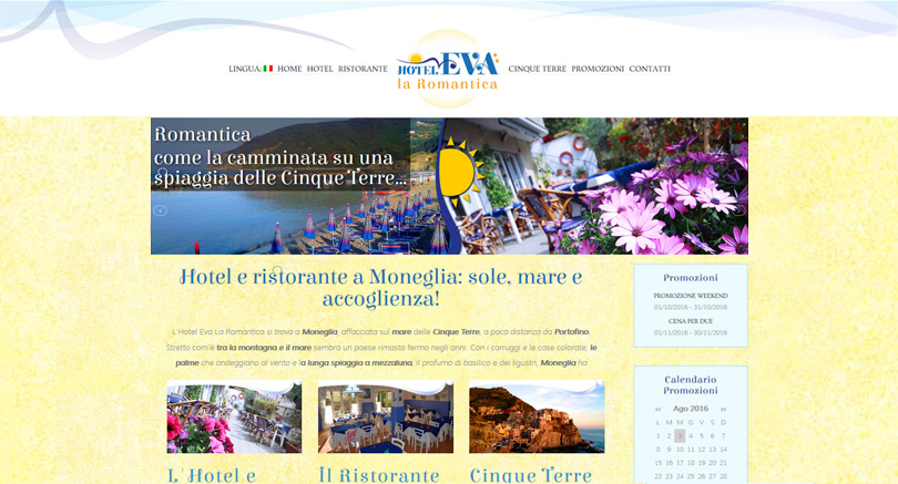 Sito Hotel Eva la Romantica, dinamico e responsive, in multilingua: inglese e italiano. Il sito comprende: promozioni aggiornabili dal cliente, il calendario delle promozioni con commenti, il form di prenotazione del soggiorno, la condivisione sul social network Facebook