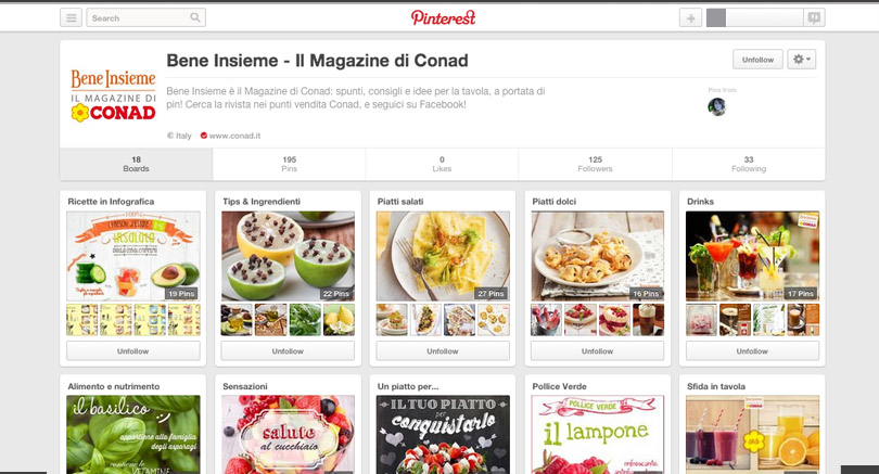 Pinterest Conad Beneinsieme. Social Media Management, campagne pubblicità online, partecipazione alla piattaforma multimediale di Beneinsieme, il Magazine di Conad, tramite realizzazioni di promozioni, infografiche, ecc... sui social network Facebook e Pinterest