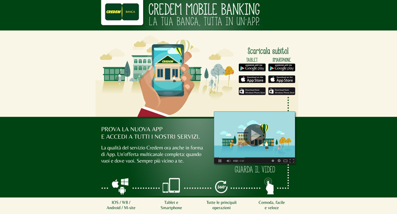 Landing page di lancio dell'App CREDEM BANCA. Realizzazione del video-tutorial dell'applicazione per cellulari,