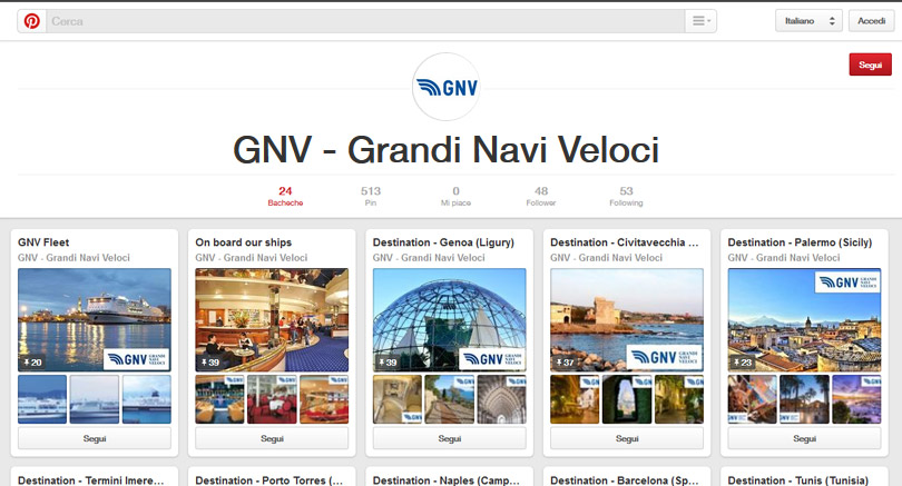 Pinterest GNV Grandi Navi Veloci. Social media management per l'azienda di traghetti