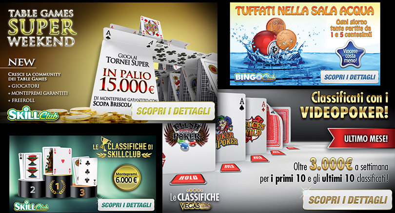 Pubblicità online per Lottomatica con promozioni varie e concorsi sulle rispettive verticali di gioco: Skill Club, Bingo Club, Vegas Club. Web adv!