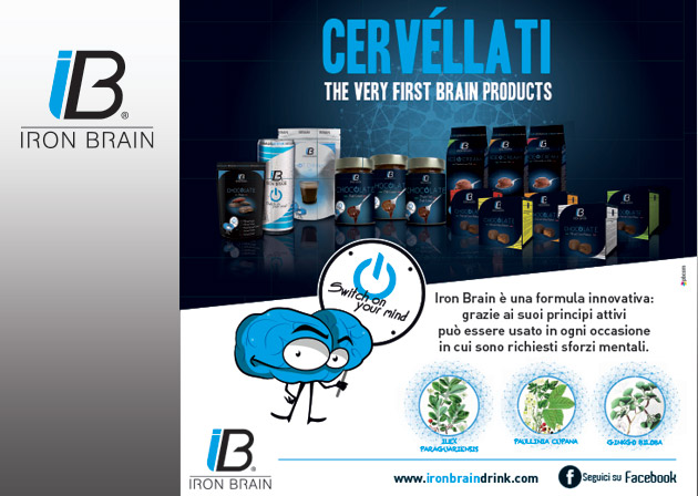 Grafica packaging prodotti Iron Brain energy drink. Studio e realizzazione dei pack: lattine drink, sacchetti, cioccolatini, barattoli. Richiedi il tuo!